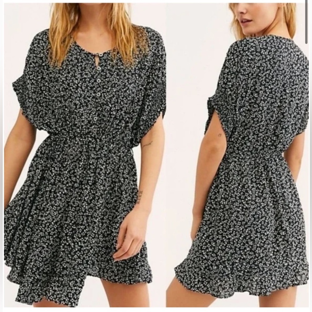 Free People One Fine Day Mini Floral Black Babydoll Dress